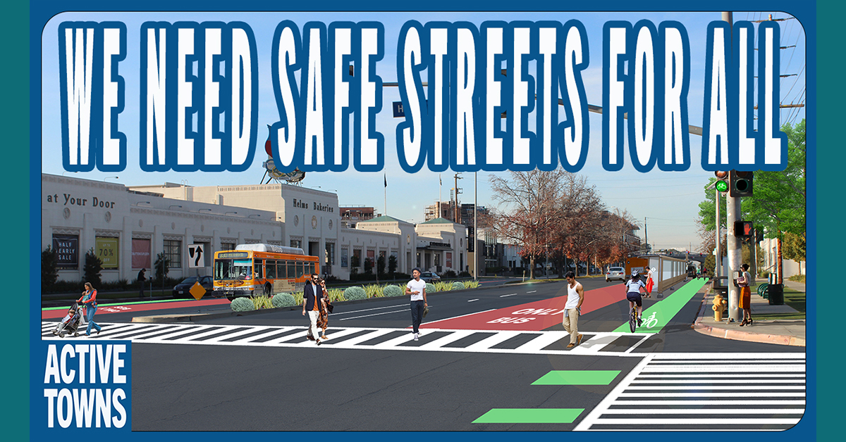 Illustration of a roadway with people in the crosswalk, a red bus-only lane, and a protected bike lane