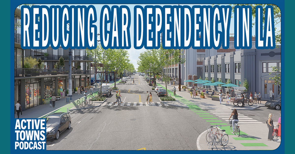 Illustration of a street scene featuring a parking-protected bike lane